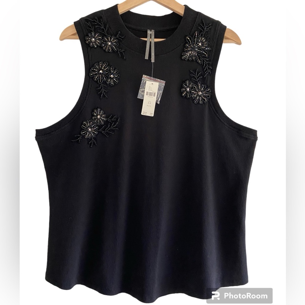 Anthropologie Black Beaded Applique Tank Top Sleeveless Ribbed Cotton Knit Sz 2X - Picture 1 of 16